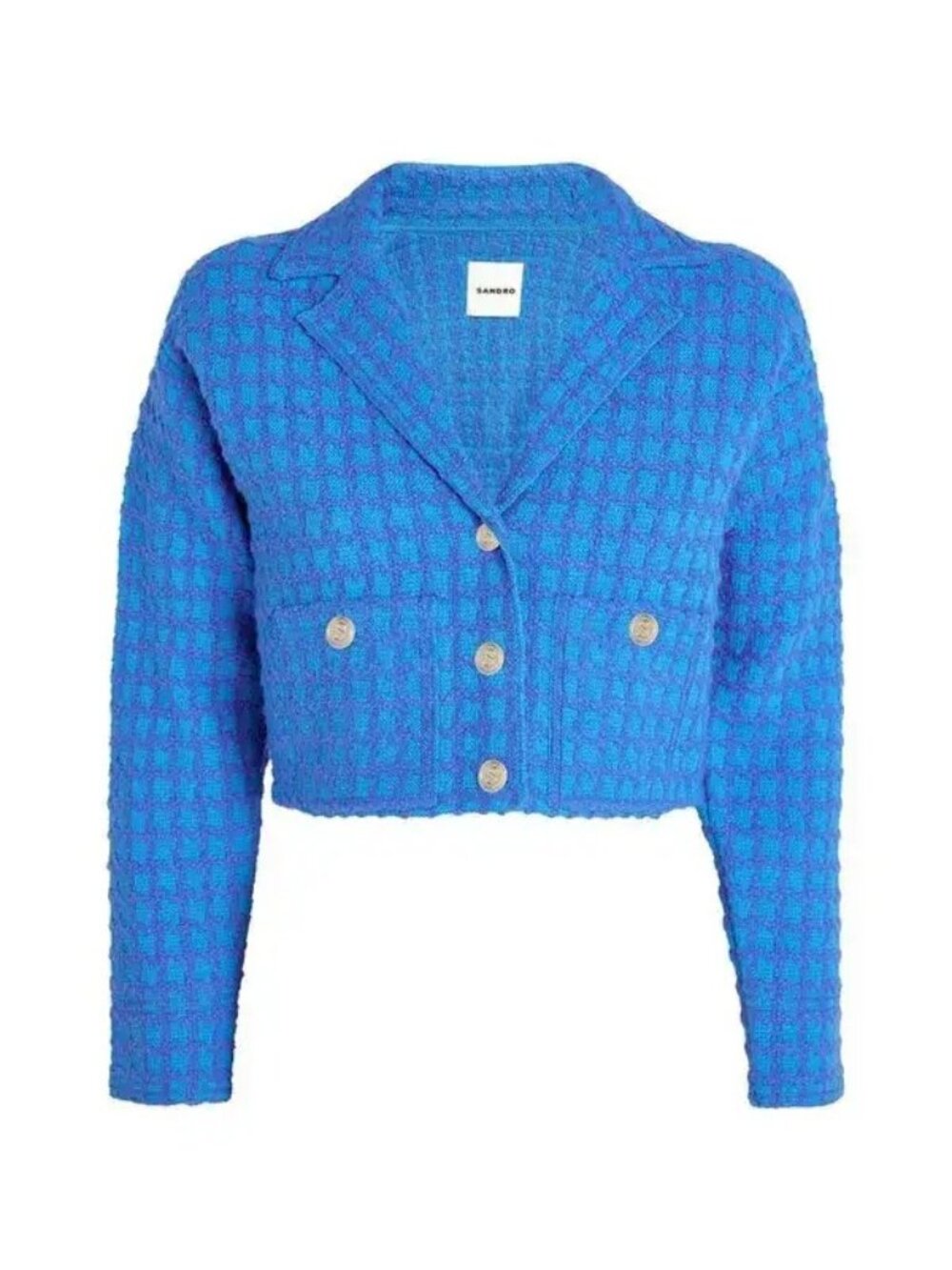 Sandro Cropped Tweed Grid Textured Jacket Bright Blue Size2 SFPCA00737